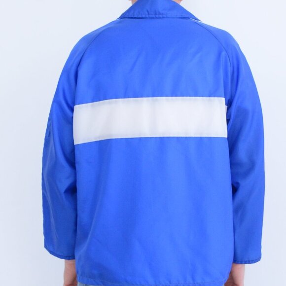 VTG '80S Promo-Wear Blue White Stripe 100% Nylon Windbreaker Zip Up Varsity Coat - Picture 2 of 8